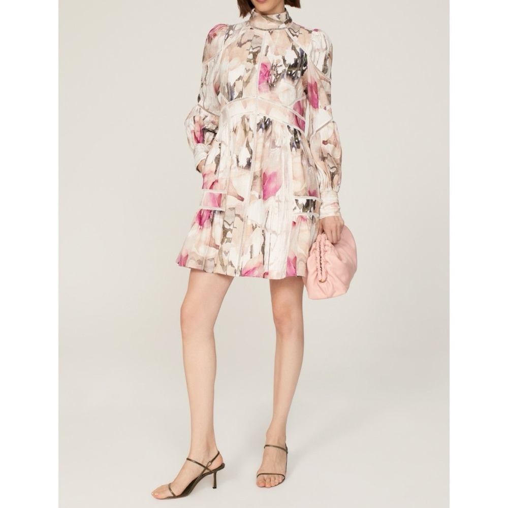 Ted Baker Multicolor Pink And Cream Floral Linen Long Sleeve Women's Mini Dress